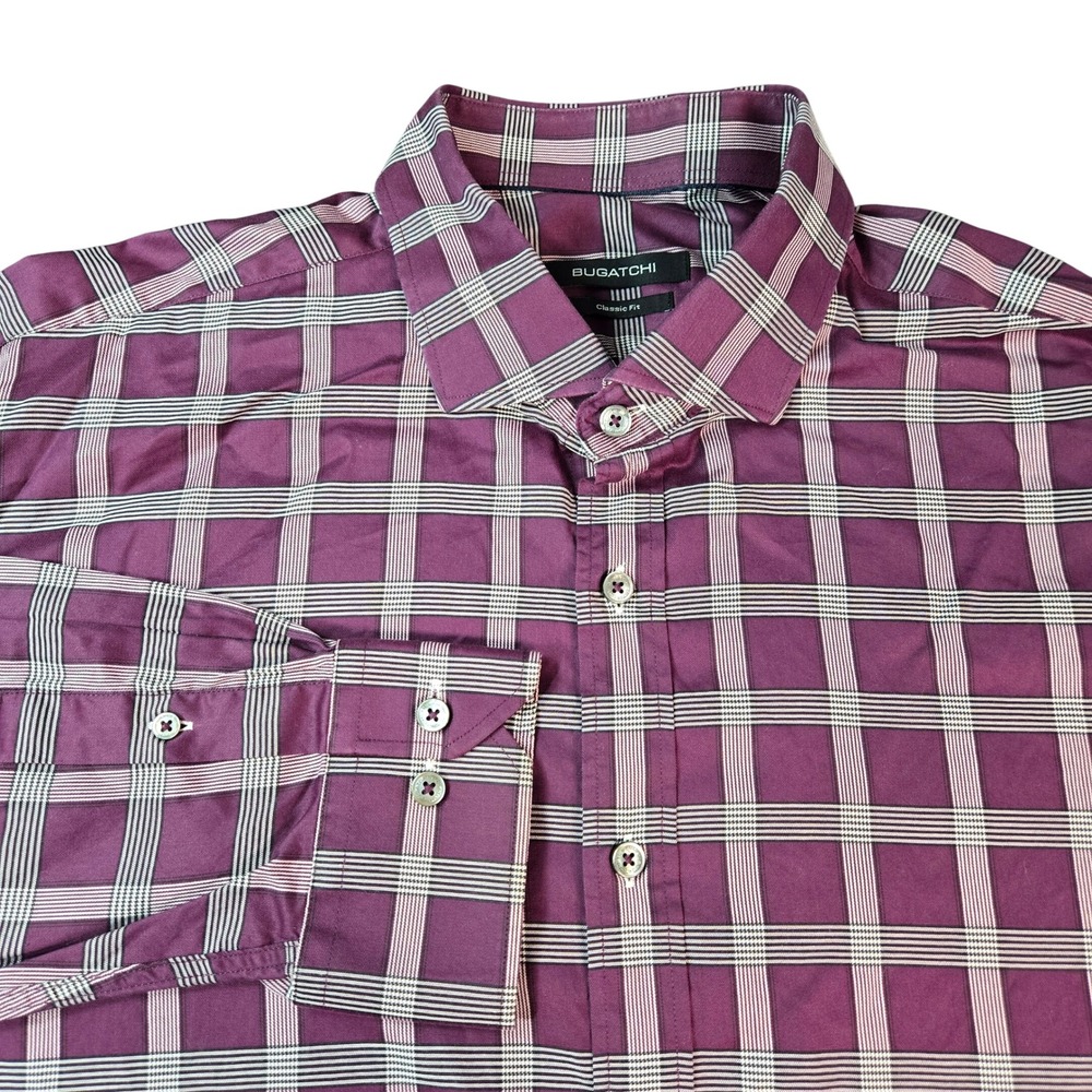 Bugatchi Uomo Men's Classic Fit Purple Plaid Long Sleeve Button Down Shirt Large